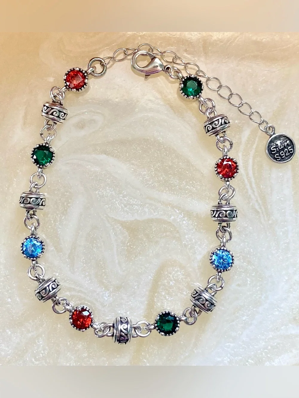 Sterling Multicolor Crystal Bracelet Red, Green & Blue